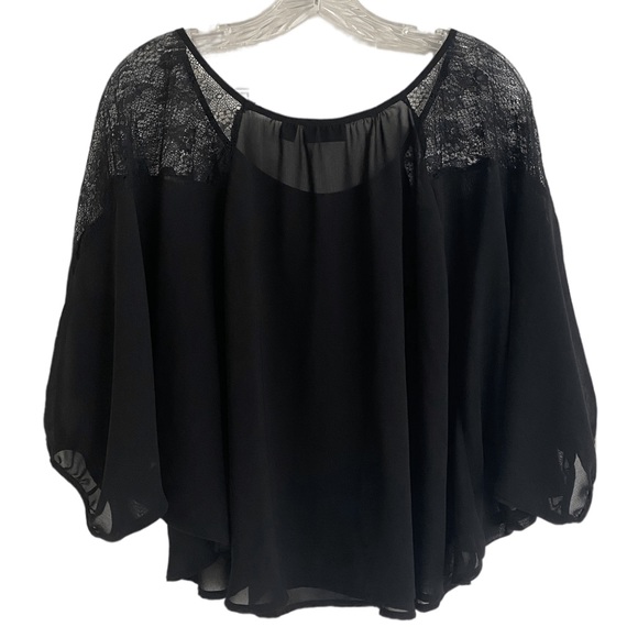 Black Flowy Chiffon Lace Round Boat Neck Quarter Sleeve Dressy Blouse Siz Medium - Picture 4 of 14